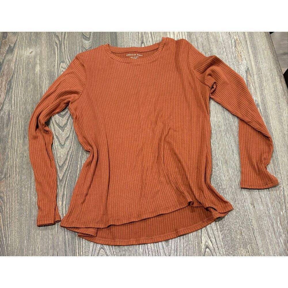 American Eagle Soft & Sexy Plush Ribbed Knit Top Long Sleeve Stretch Rust Size L
